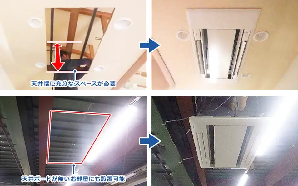 天井ボードと上階の床の間に十分なスペースが必要 天井ボードが無いお部屋にも設置可能