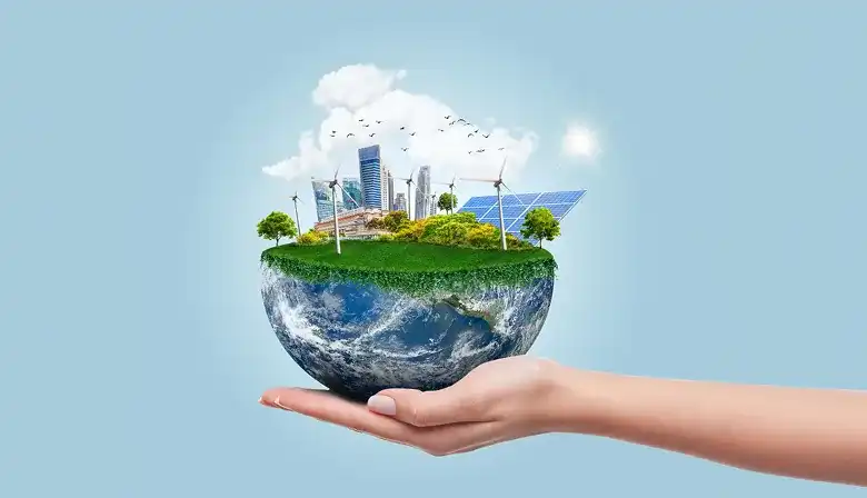 再生可能エネルギーを創出する太陽光発電パネルと環境負荷低減のイメージ